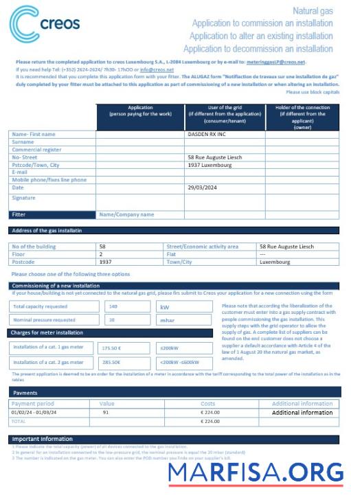 Printable Luxembourg Creos gas business utility bill template in Word and PDF formats